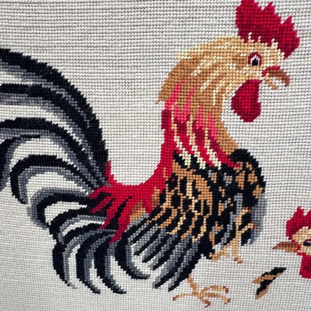 Vintage Framed Fighting Roosters Needlepoint Traditional Americana Art